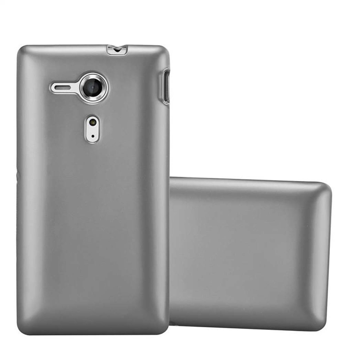 Funda de teléfono gris. La funda está encima de otra funda. La funda es gris sólido.