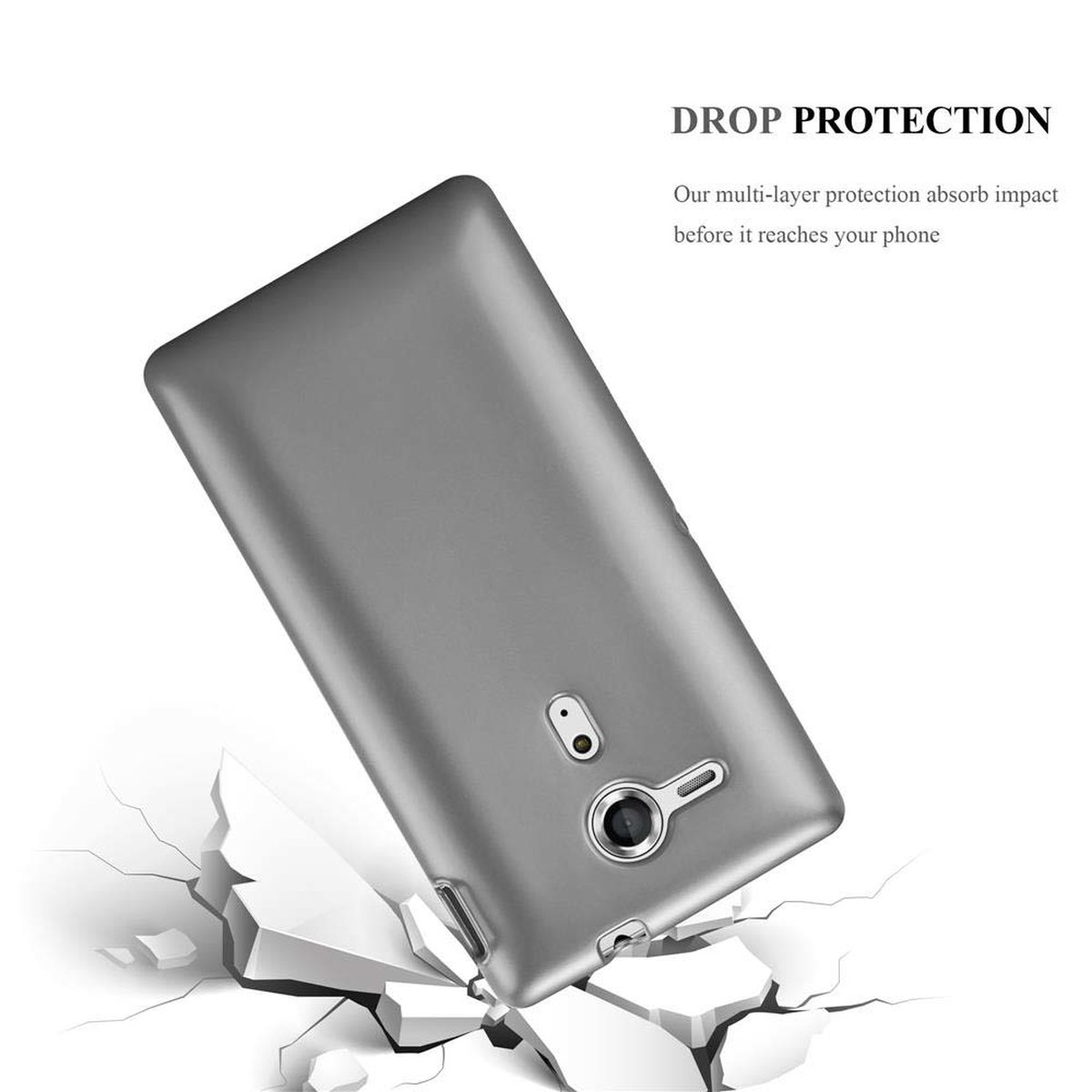 Una funda de teléfono con el teléfono que parece caerse y agrietar el suelo. El texto dice 'Protección contra caídas'.