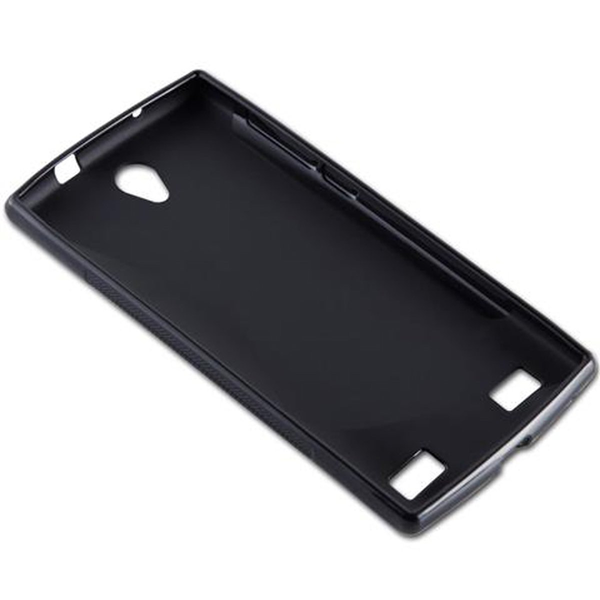 Una custodia nera per telefono con fori per i pulsanti e la fotocamera.