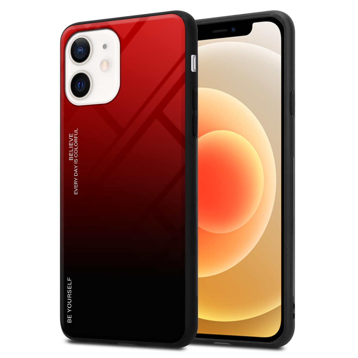 Telefon mit rot-schwarzer Farbverlauf-Hülle. Bildschirm zeigt App-Symbole und weißen Hintergrund.