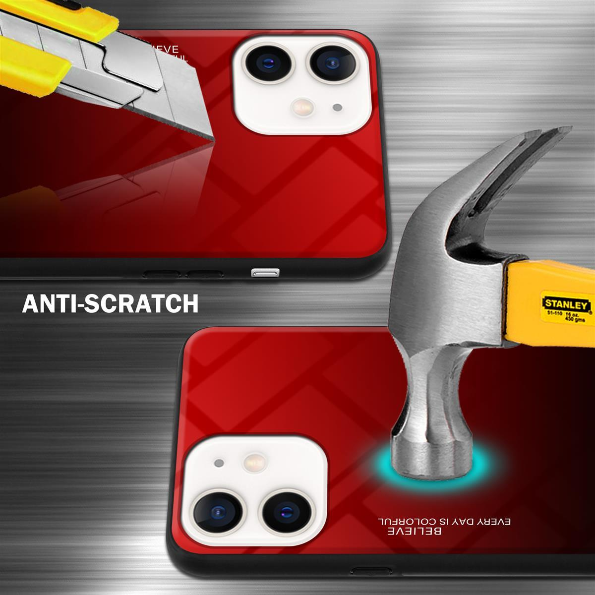 Handyhülle mit roter Rückseite, Hammer und Messer, Anti-Kratz-Text.