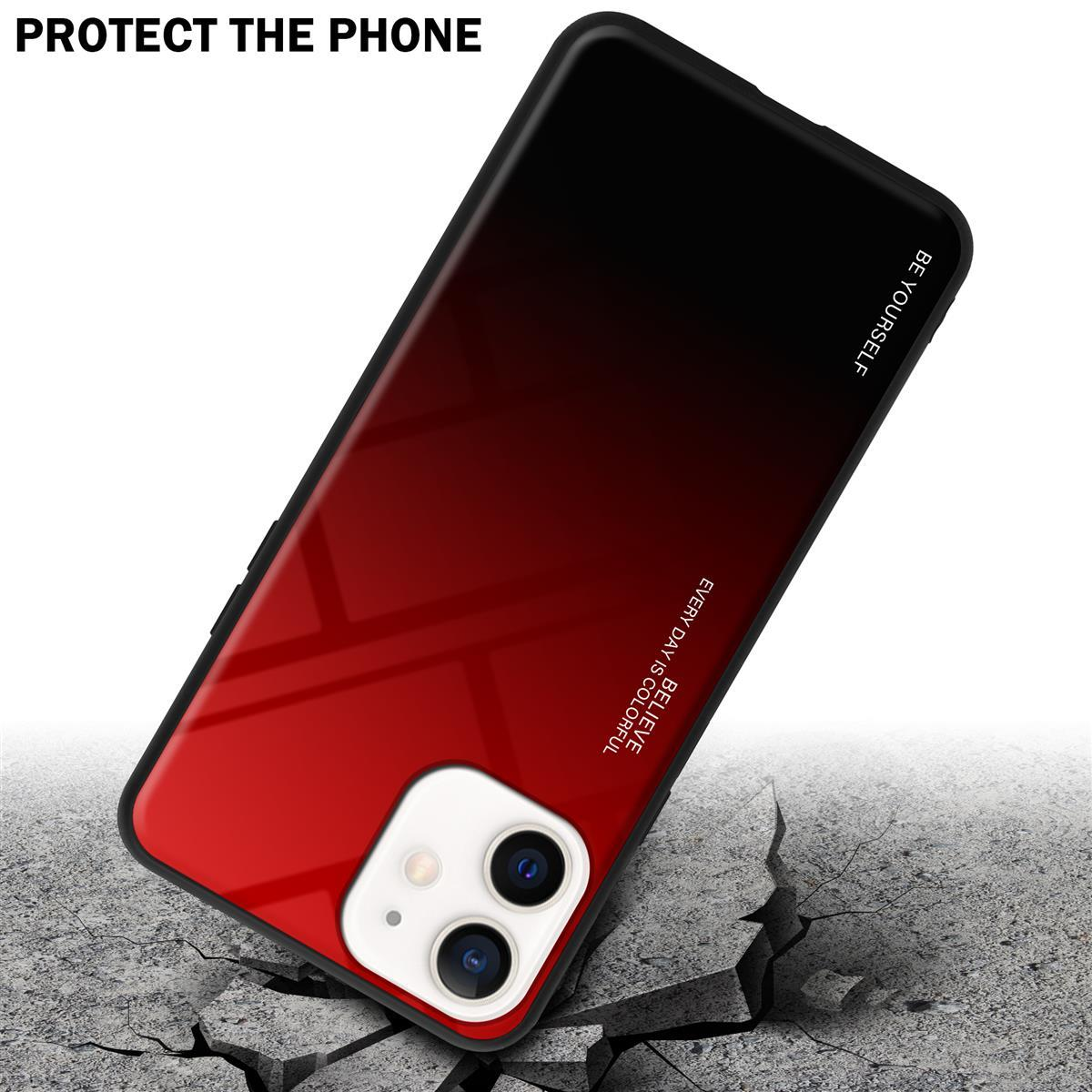 Telefon mit rot-schwarzer Farbverlaufshülle auf rissigem Beton. Text: Schütze das Telefon.