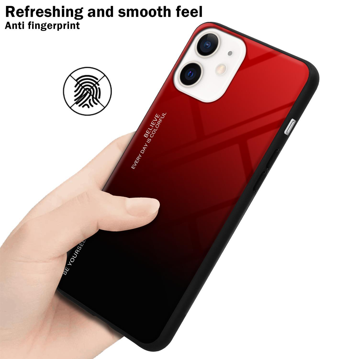 Eine Hand, die ein Telefon mit einer rot-schwarzen Farbverlaufshülle hält. Text sagt 'Believe' und 'Every Day is Colorful'.