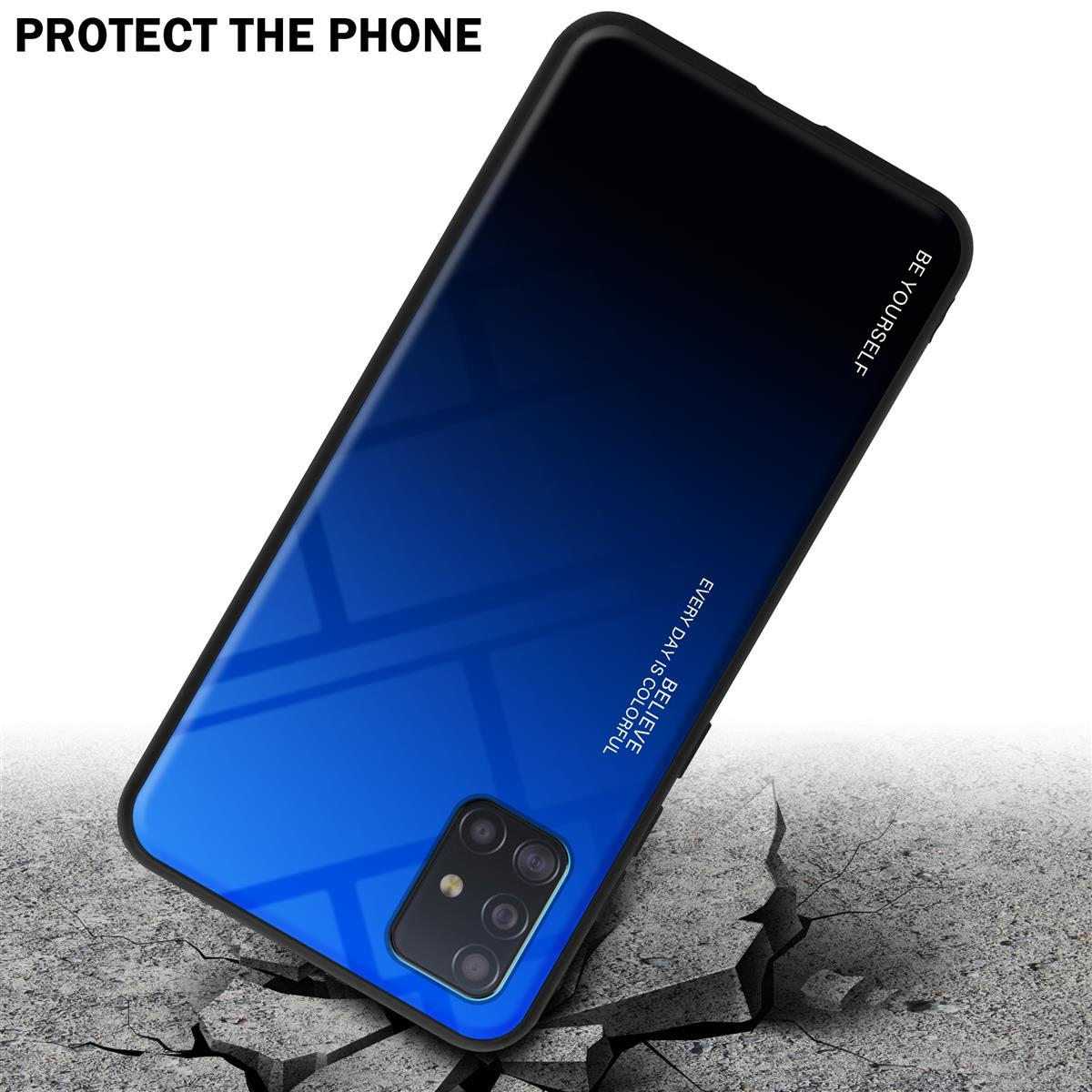 Telefono con custodia sfumata blu e nera, su superficie rotta.