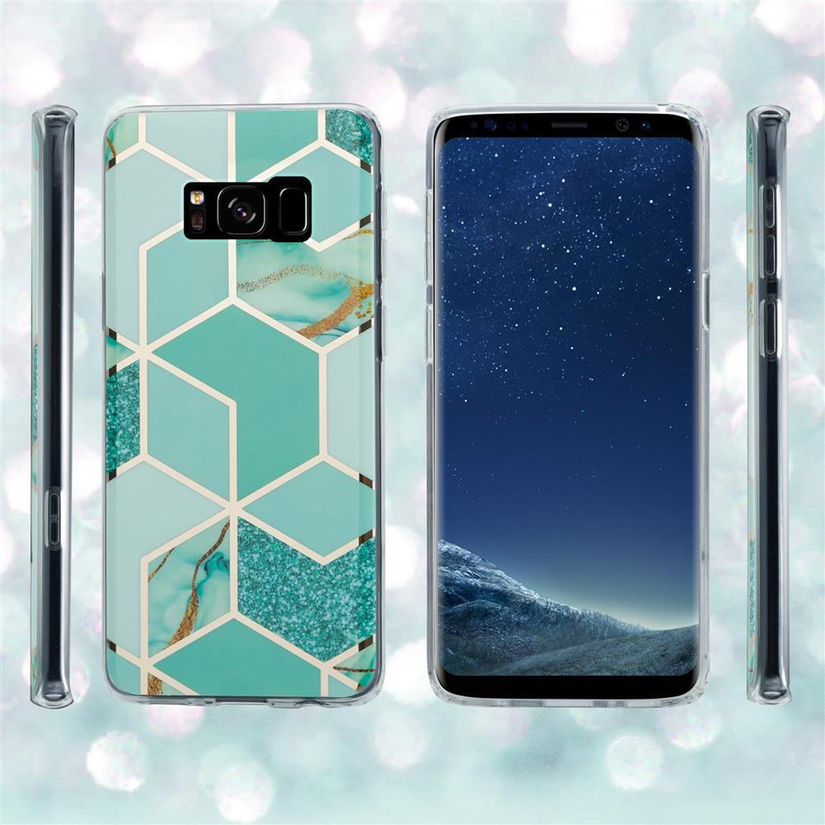 Custodia per telefono con design geometrico, viste multiple. Verde acqua e oro con schermo del telefono.