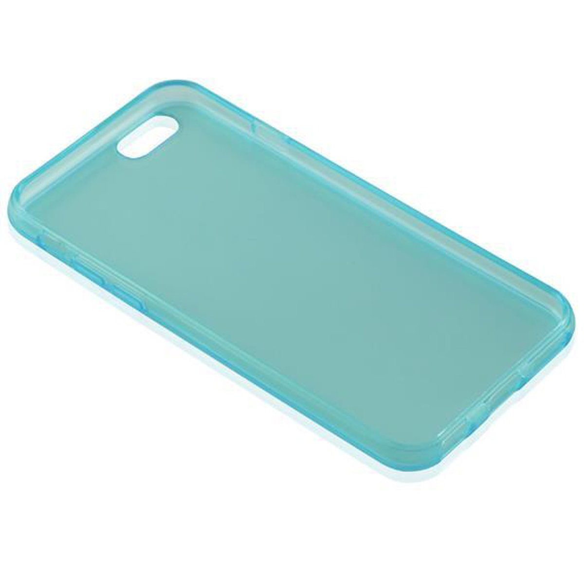 Una custodia per telefono blu. È a tinta unita e ha un foro per la fotocamera e le porte.
