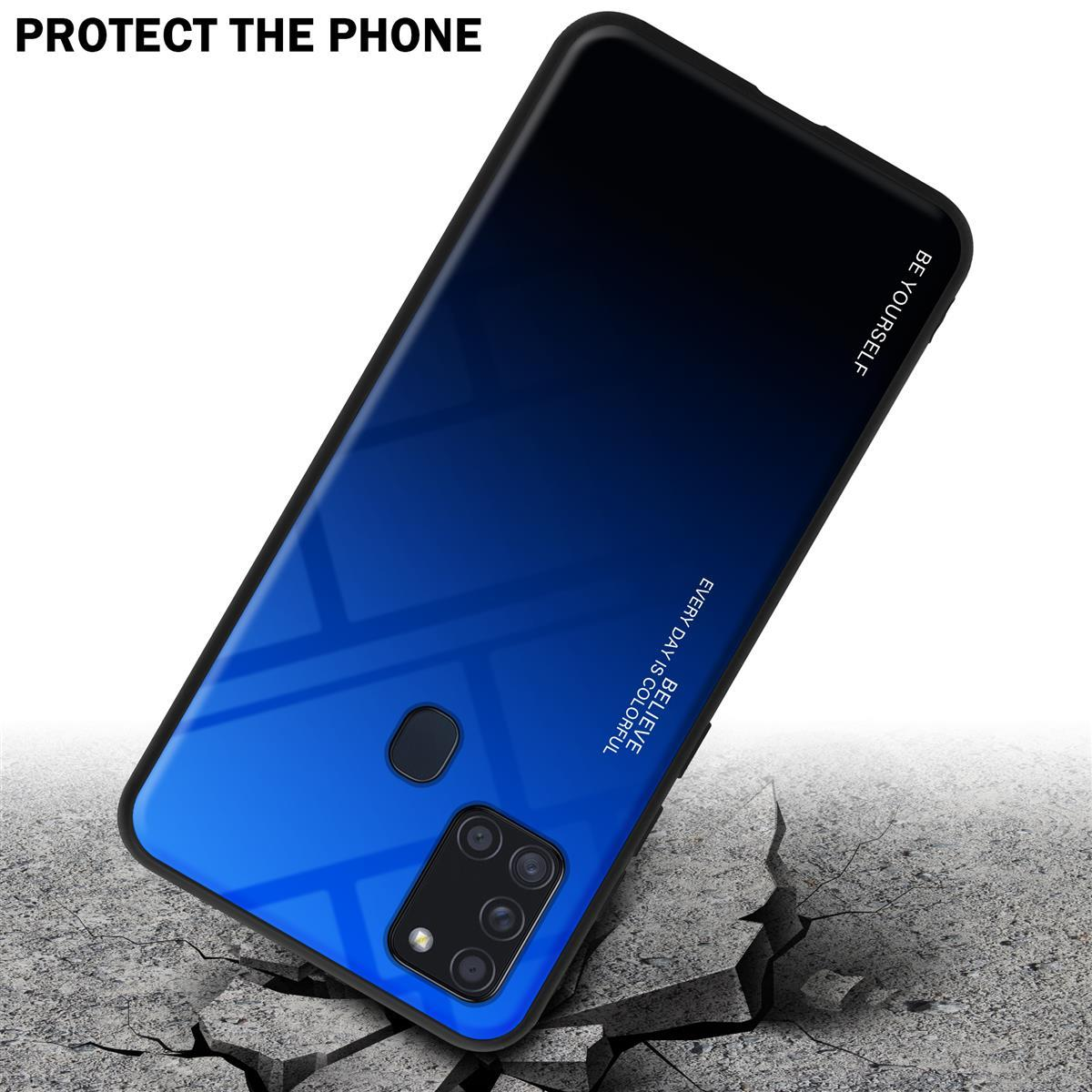 Blau-schwarze Farbverlauf-Handyhülle auf rissiger Oberfläche. Text: Schützen Sie das Telefon, Glauben Sie, jeder Tag ist farbenfroh.
