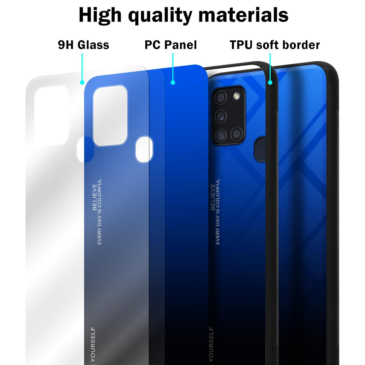 Galaxy - TPU Samsung, Glas, BLAU Backcover, A21s, CADORABO SCHWARZ Silikon Farben aus 2 Hülle