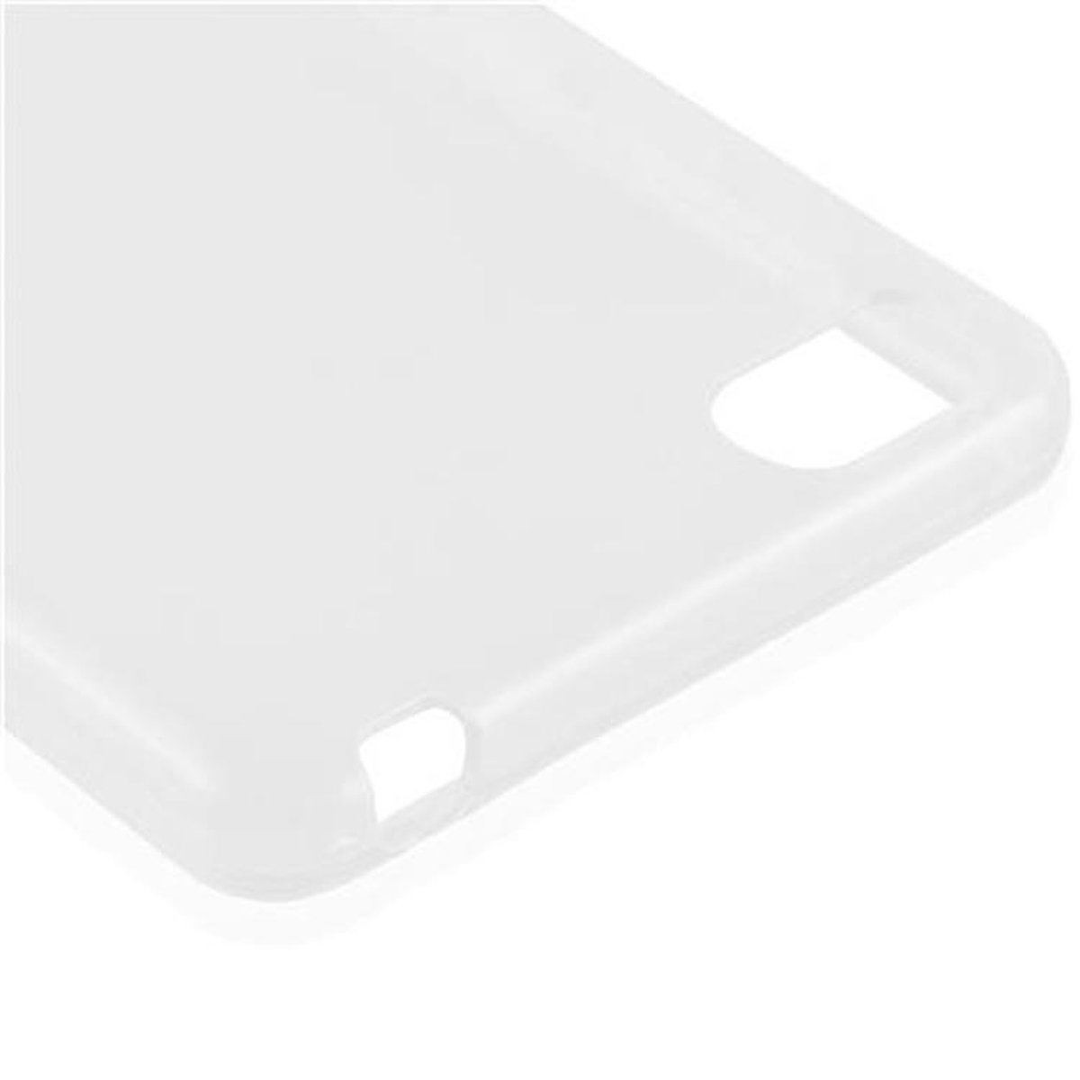 Custodia bianca per telefono, vista ravvicinata. Due fori visibili, uno per la fotocamera, uno per l'accesso.