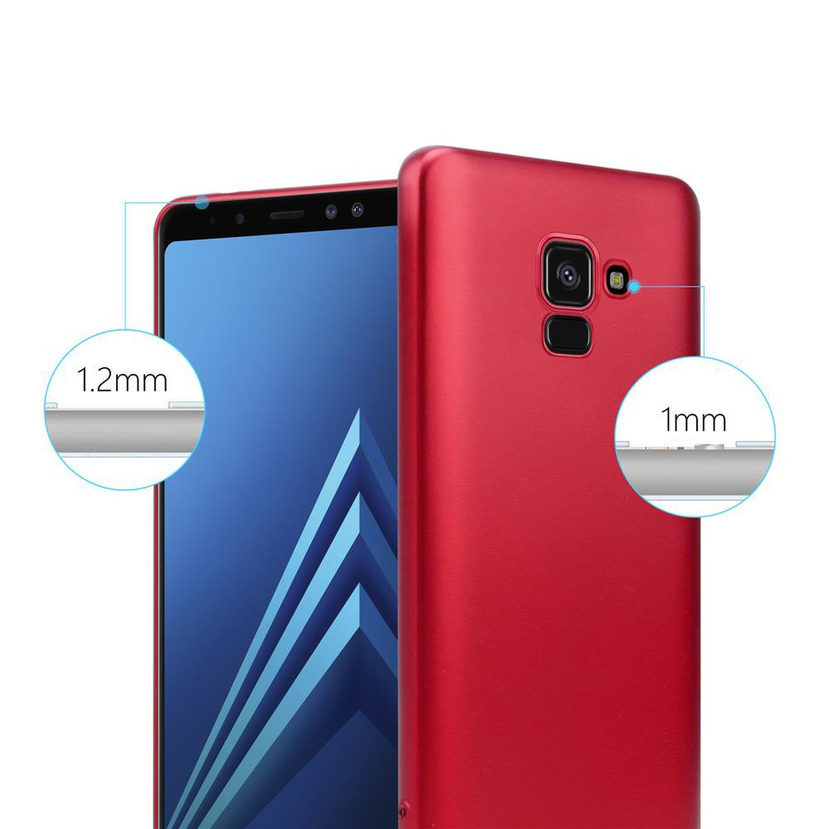 Rote Handyhülle mit Telefon. Das Telefon ist rot. Merkmale: erhöhter Bildschirm und Kamera.