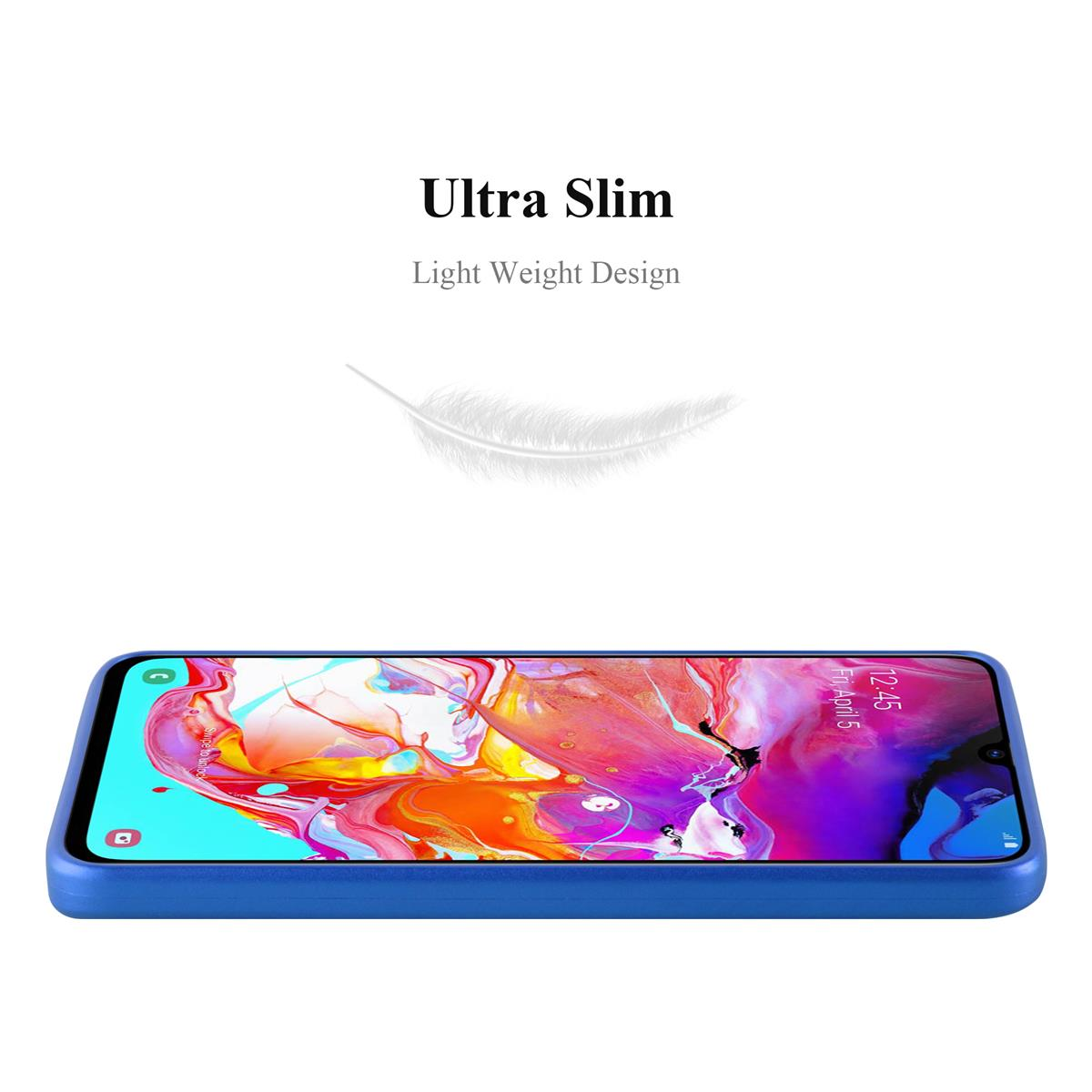 Custodia blu per telefono con telefono, che mostra lo schermo, con una grafica di piuma.