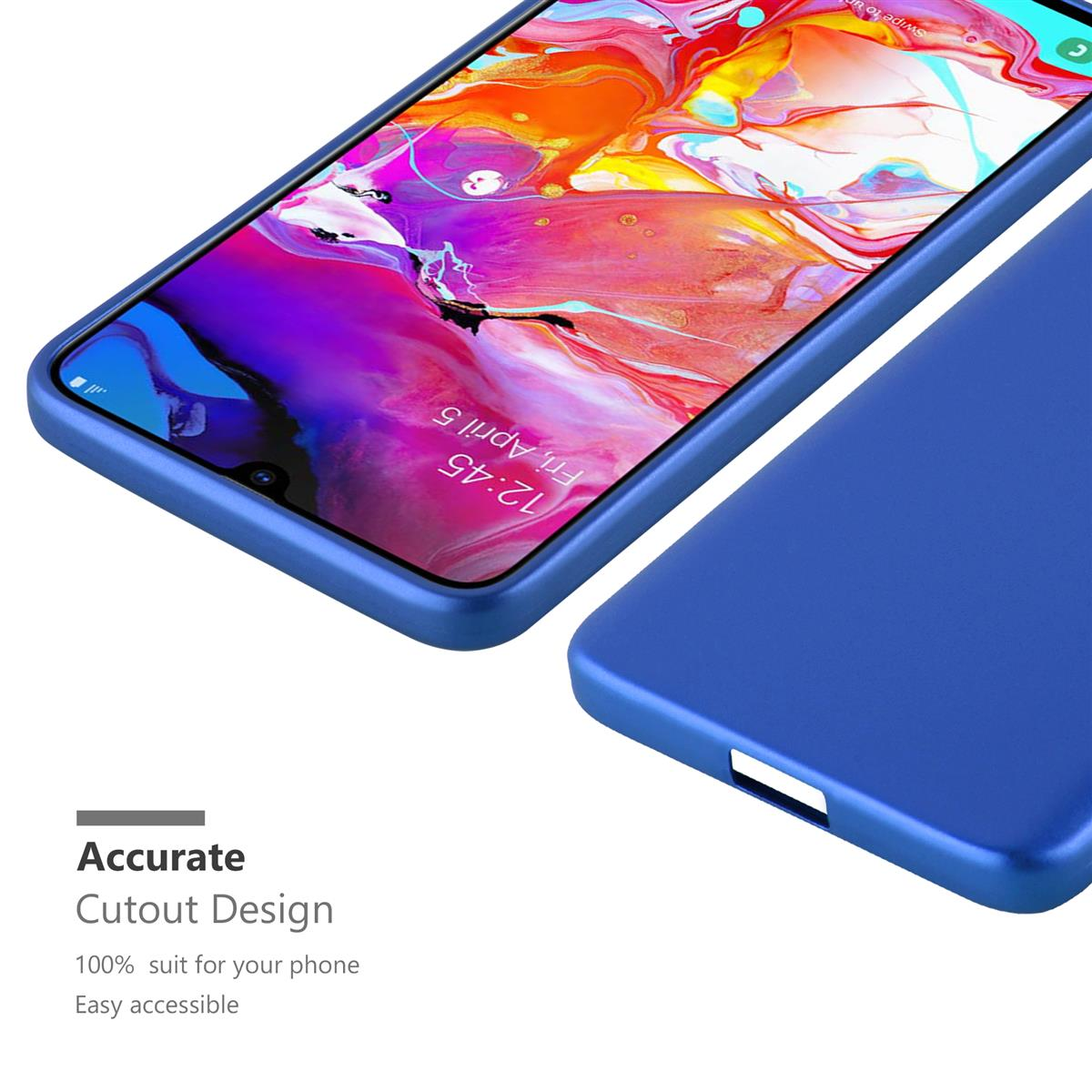 Un telefono con una custodia blu. Lo schermo del telefono mostra la data e l'ora.