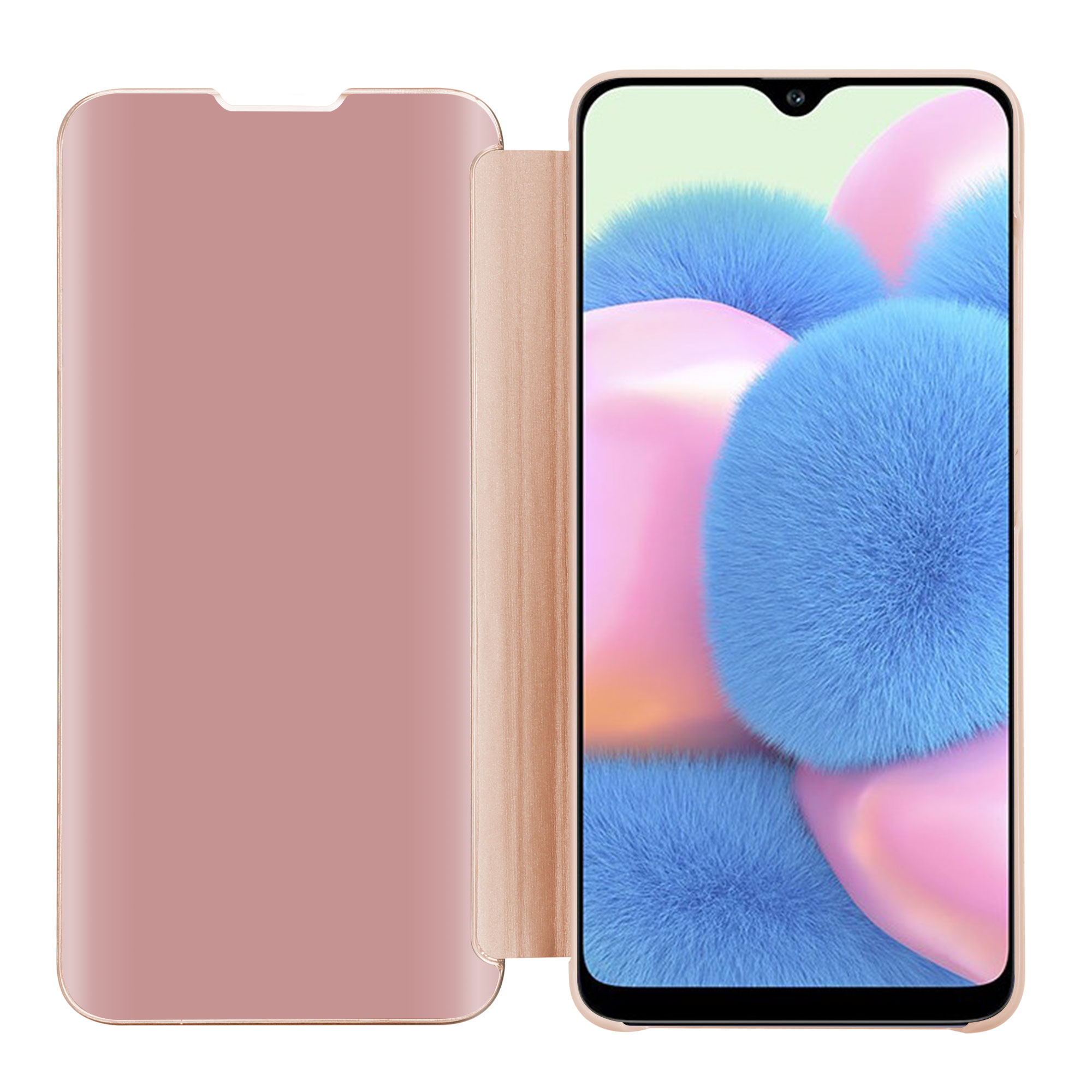 Un telefono con una custodia rosa e uno sfondo blu e soffice sullo schermo del telefono.