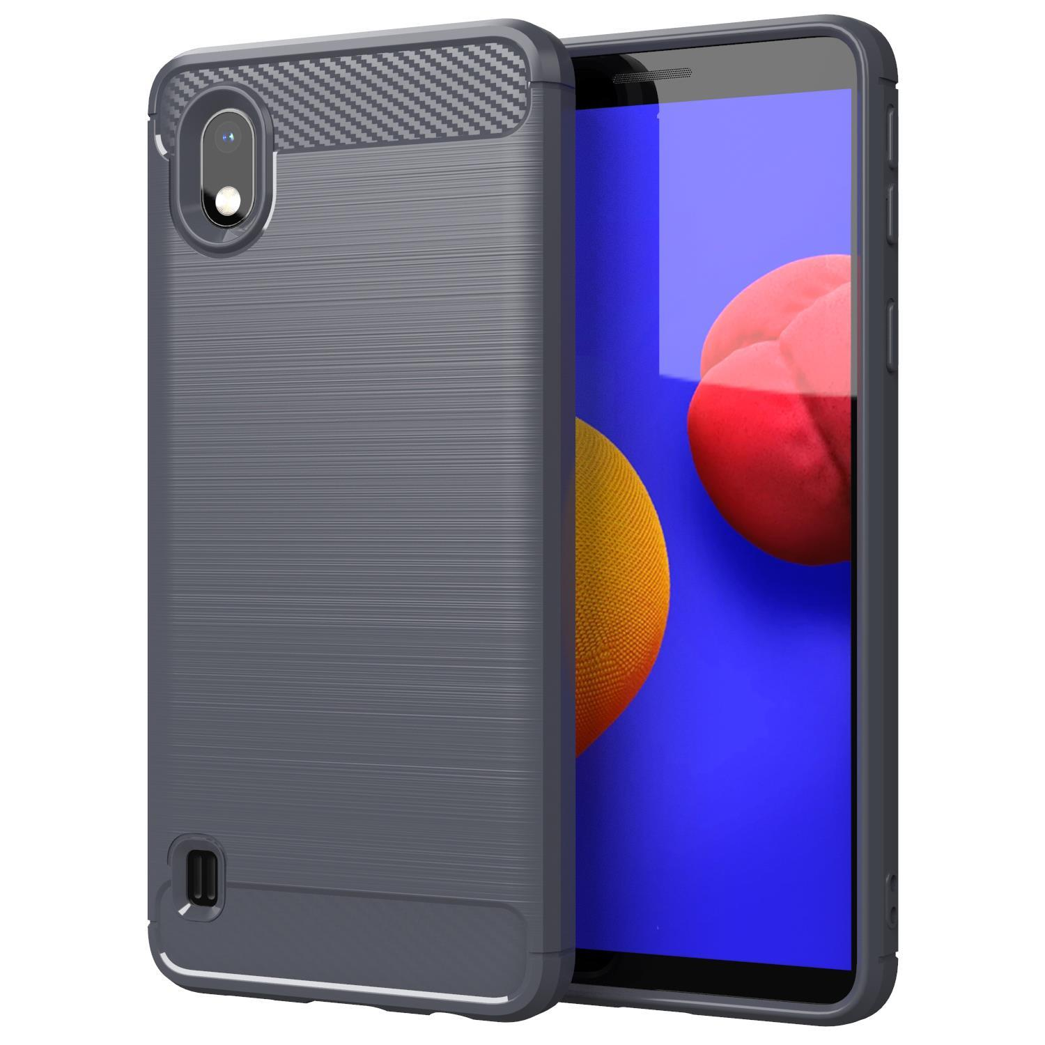 Dunkelgraue Handyhülle und ein Telefon mit rotem Kreis.