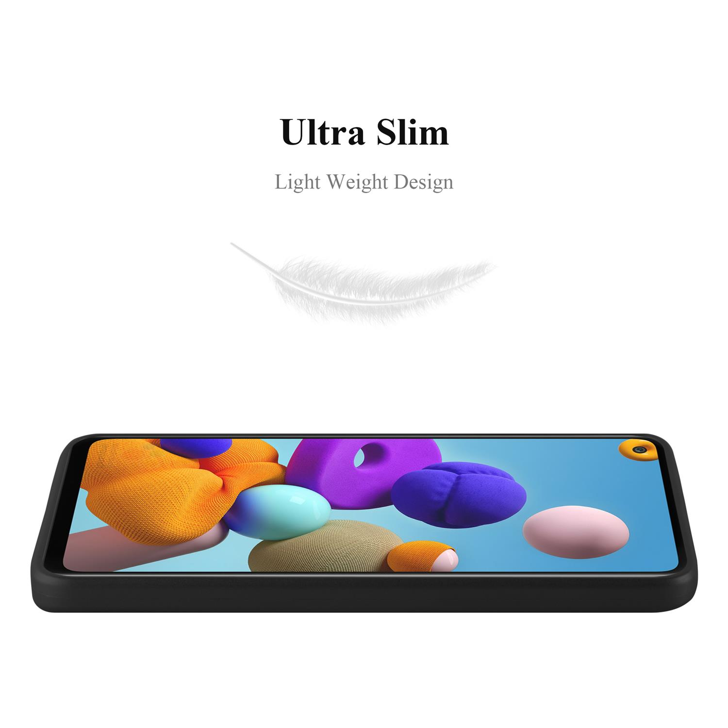 Una custodia per telefono che mostra un design astratto colorato con una piuma che fluttua sopra.