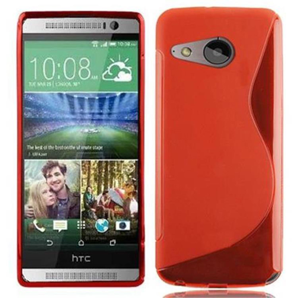 Une coque de téléphone rouge avec un téléphone. Le téléphone affiche l'heure et des images à l'écran.