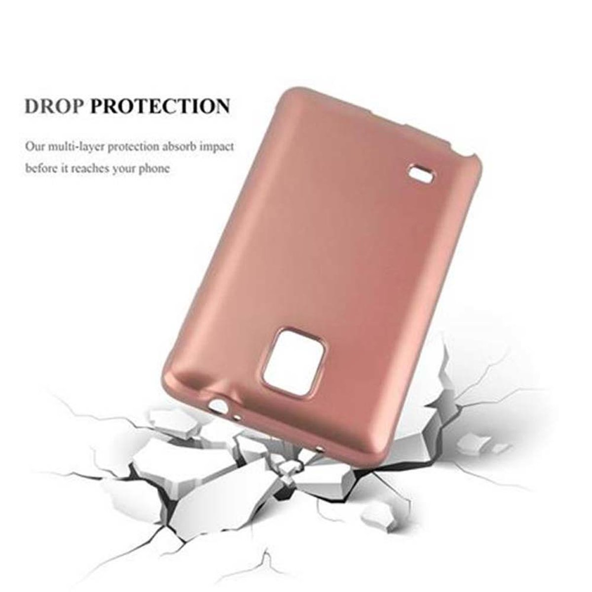 Roségoldene Handyhülle, die auf weißen Stein fällt und zerbricht, Text 'DROP PROTECTION'.