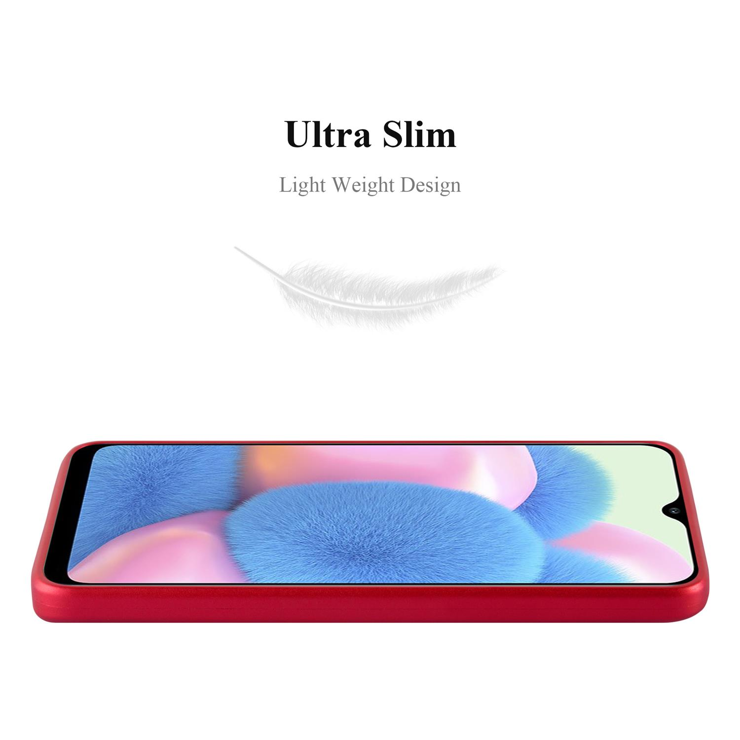 Custodia rossa per telefono con un telefono. Sfondo bianco. Testo: Ultra Slim, Light Weight Design.