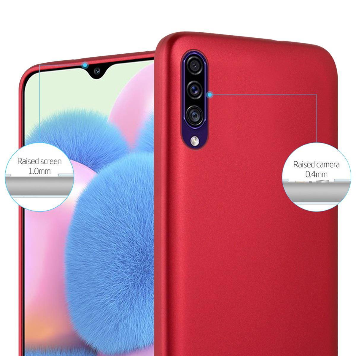 Custodia rossa per telefono con diagrammi che indicano lo schermo e la fotocamera rialzati. Dettagli blu e diagrammi circolari.