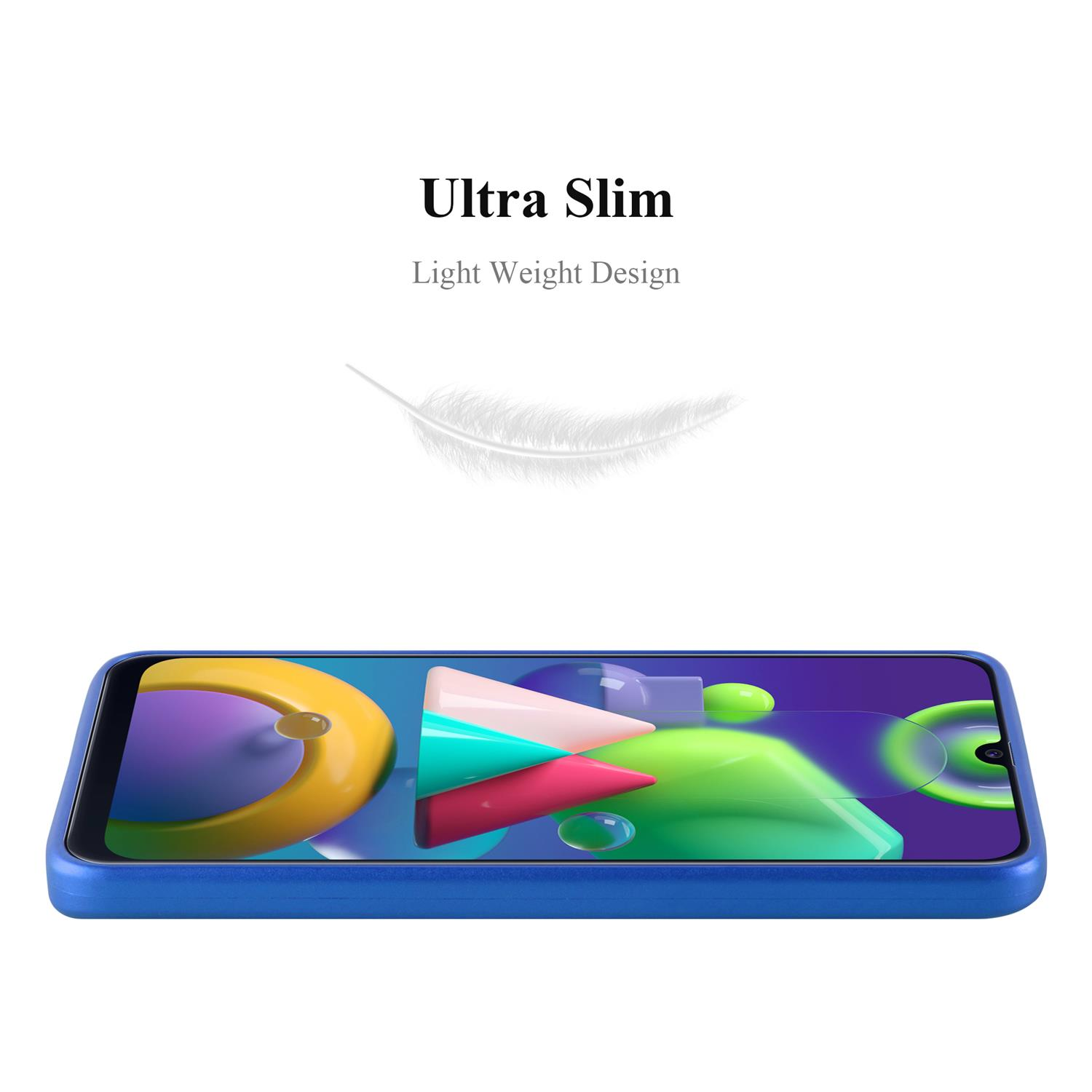 Blaue Handyhülle mit Feder und den Worten "Ultra Slim" und "Light Weight Design".