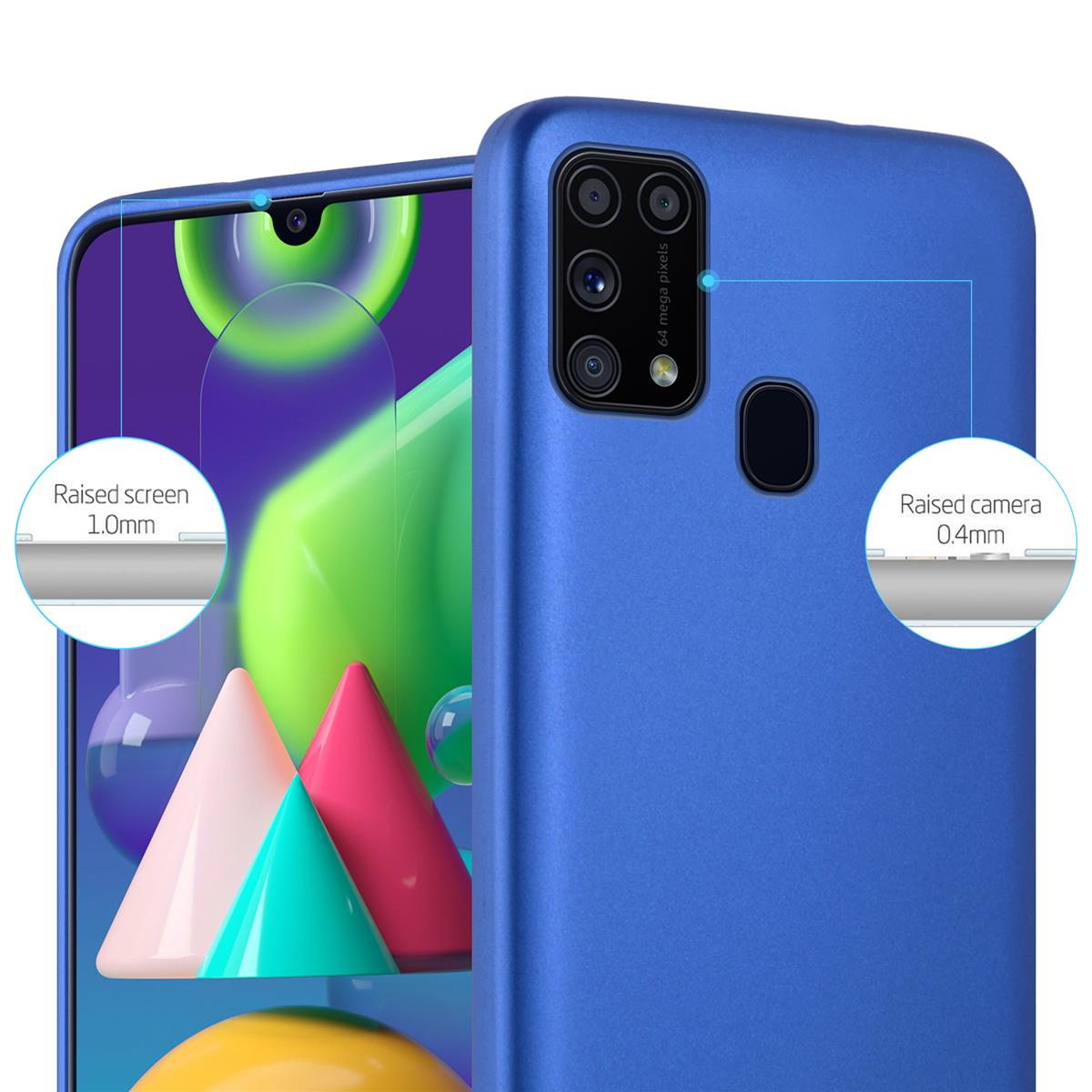 Eine blaue Handyhülle mit erhöhtem Bildschirm und Kamera. Der Bildschirm zeigt einen bunten Hintergrund.