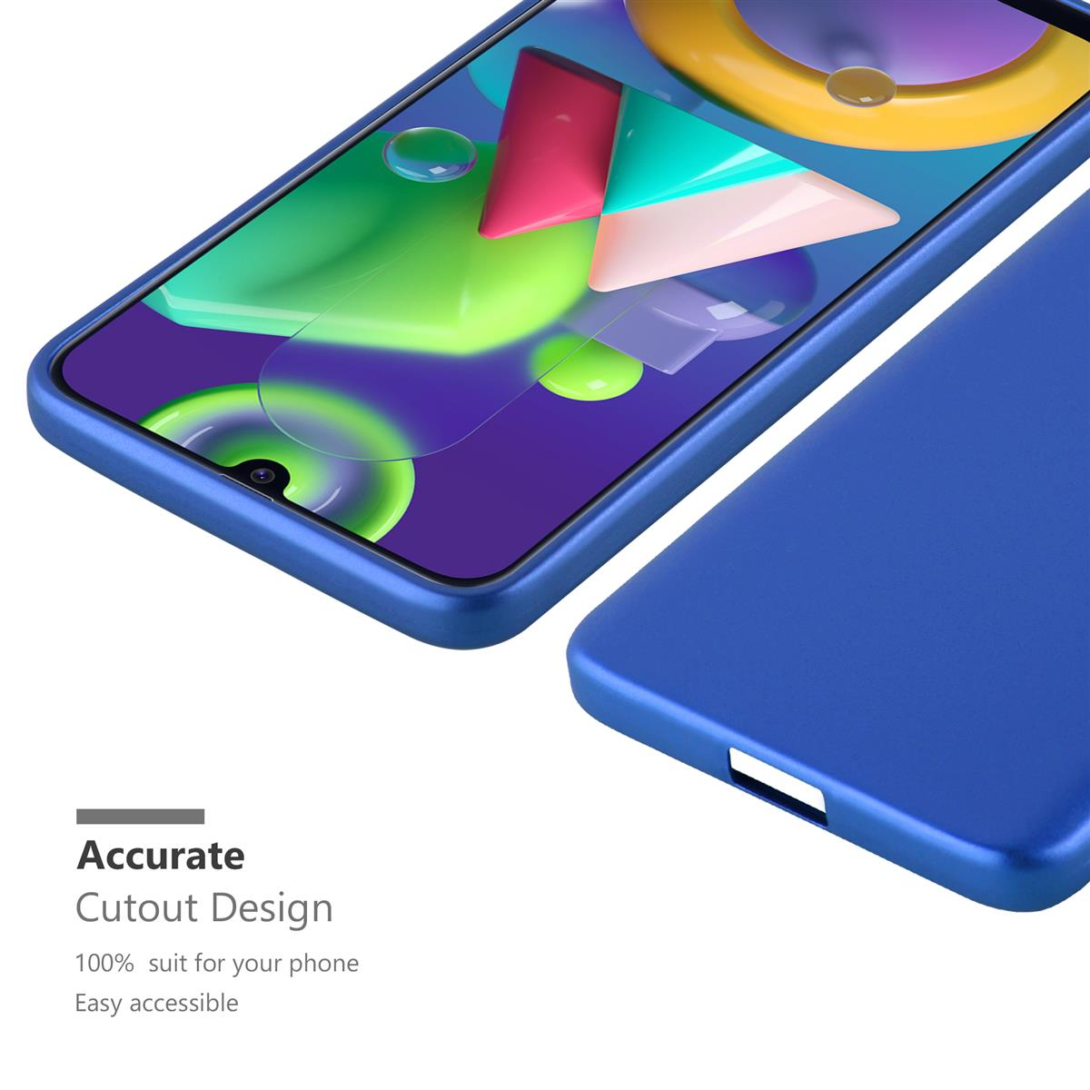 Ein Telefon und eine blaue Hülle. Der Text lautet 'Accurate Cutout Design'. Die Hülle hat ein Aussparungsdesign.