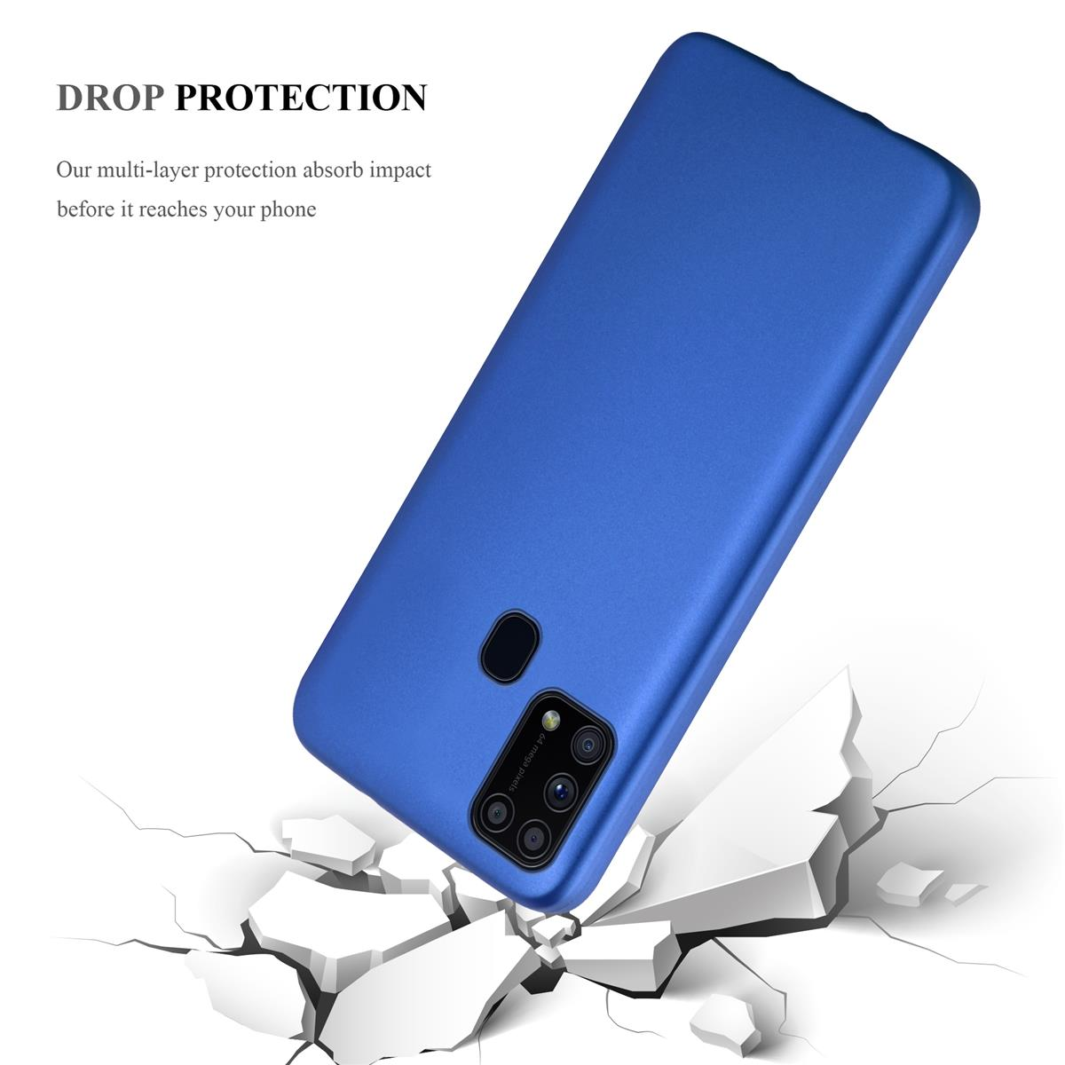 Blaue Handyhülle mit einem Telefon auf dem Boden und Rissen auf dem Boden.