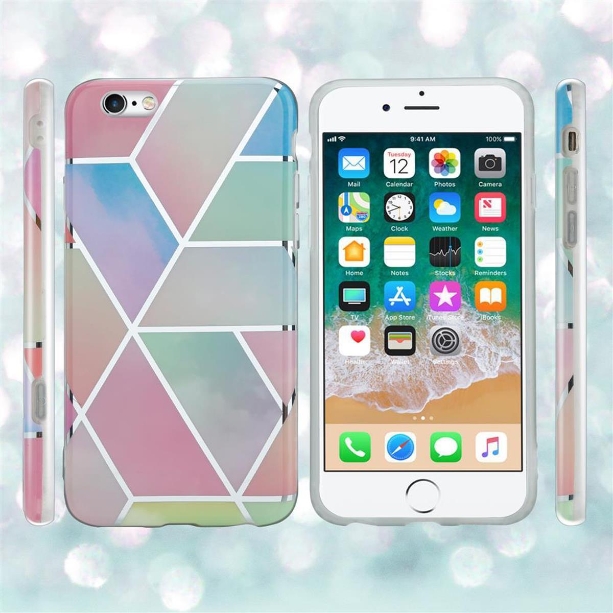 Ein Telefon in einer Hülle mit einem farbenfrohen geometrischen Design. Ein weiteres Telefon wird mit eingeschaltetem Bildschirm gezeigt. Blauer Hintergrund.
