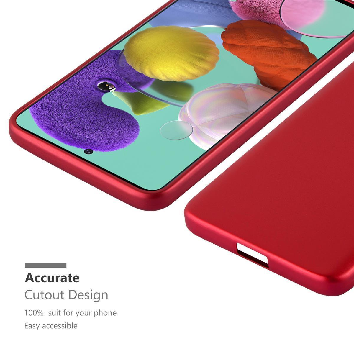 Rote Handyhülle. Roter Telefonbildschirm mit Ausschnitten. Text: 'Accurate Cutout Design'.
