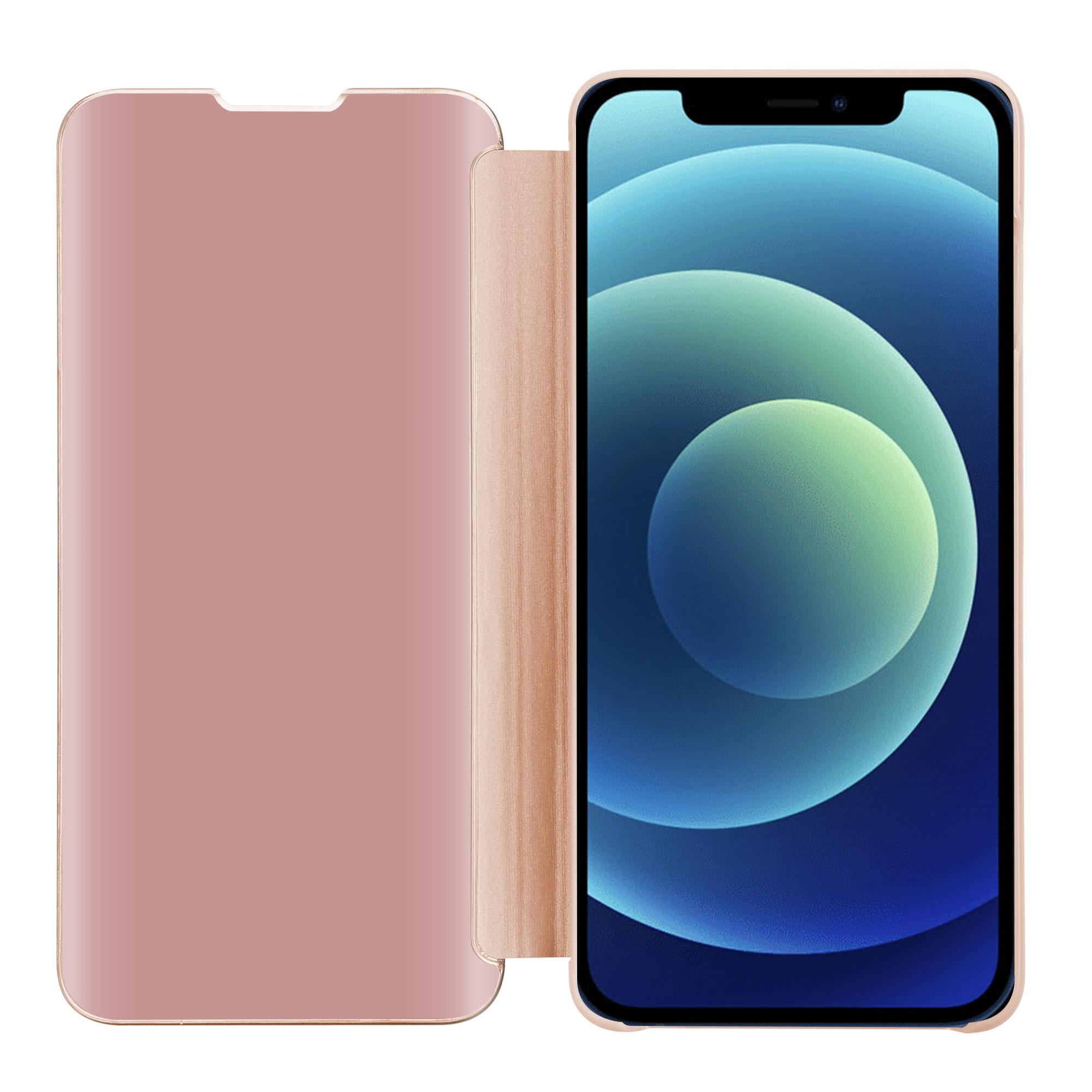 Eine geschlossene Handyhülle in rosa. Das Telefon befindet sich auf der rechten Seite mit blauem Bildschirm.