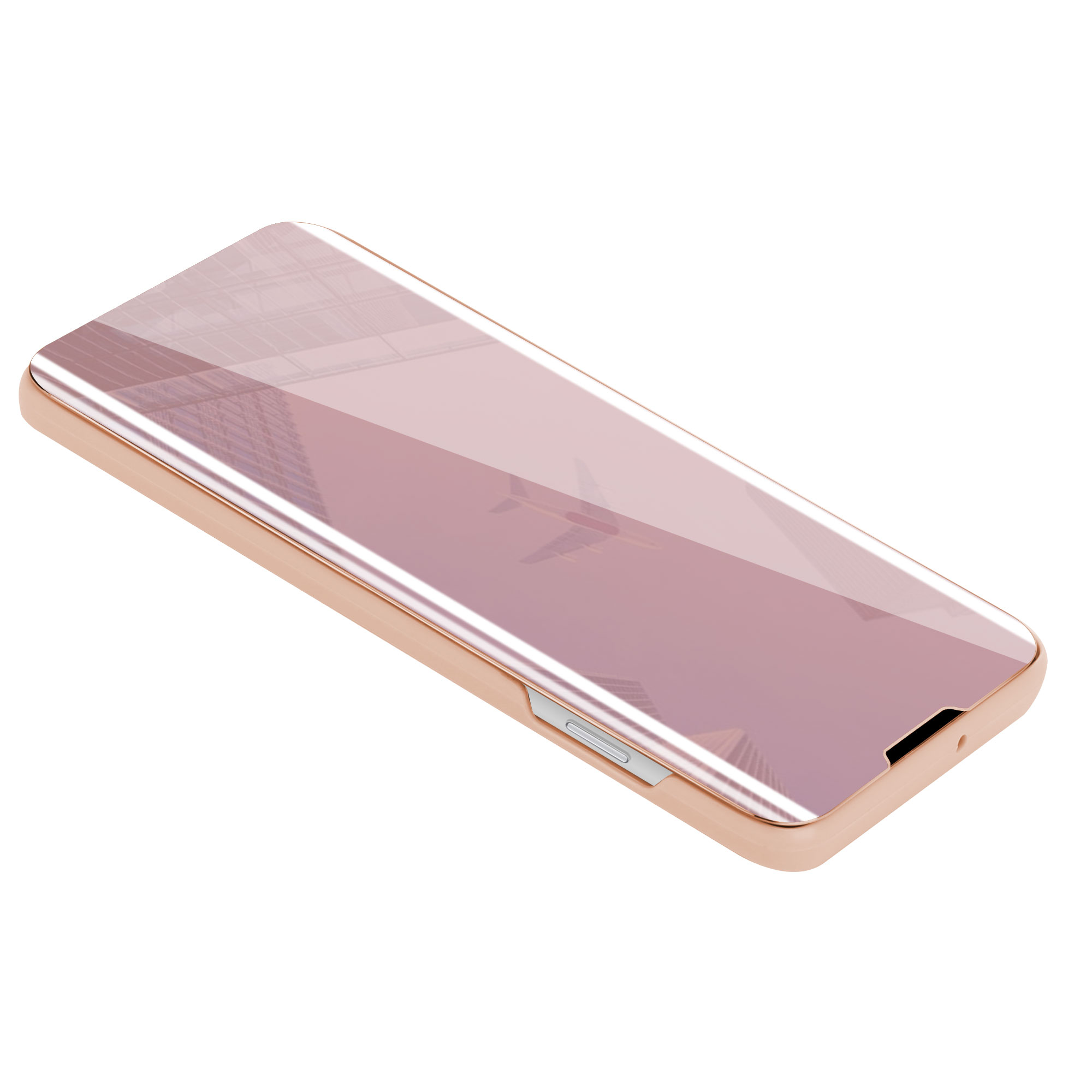 Roségoldene Handyhülle mit reflektierender Oberfläche. Die Hülle bedeckt das Telefon.