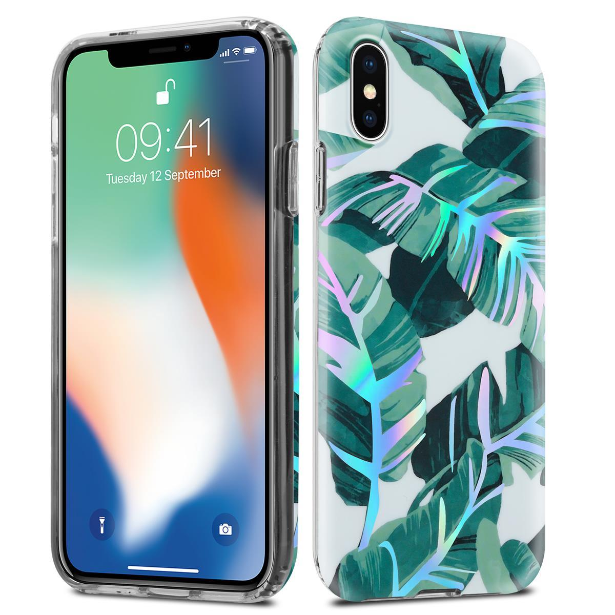 Telefono in una custodia trasparente con foglie tropicali. Testo: 09:41 Martedì 12 settembre.