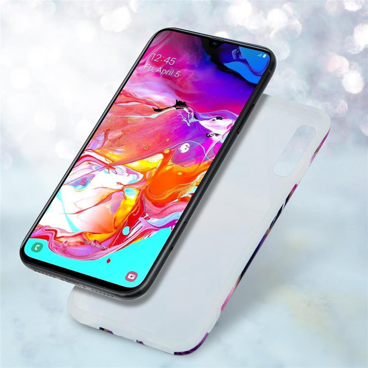 Un telefono con custodia, sdraiato accanto alla sua custodia. La custodia ha un design colorato.