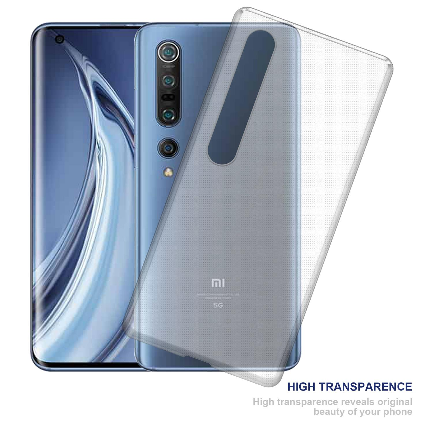 Blaues Telefon mit transparenter Hülle. Weißer Hintergrund mit Text.