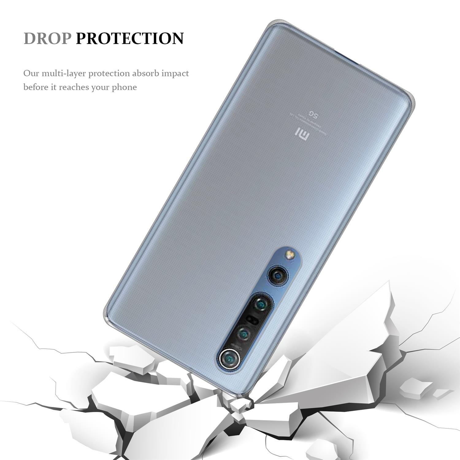 Telefon fällt, Bildschirm nach unten, auf zerbrochene weiße Oberfläche. Text: "DROP PROTECTION".
