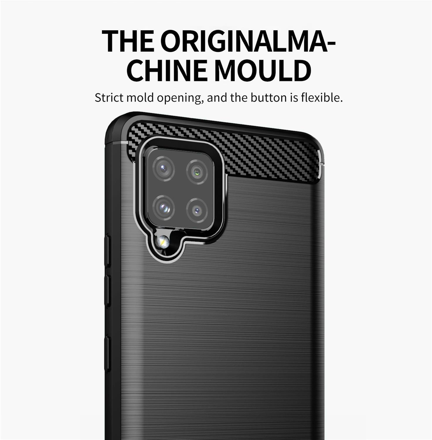 Primo piano di una custodia nera per telefono che mostra il modulo fotocamera e testo.