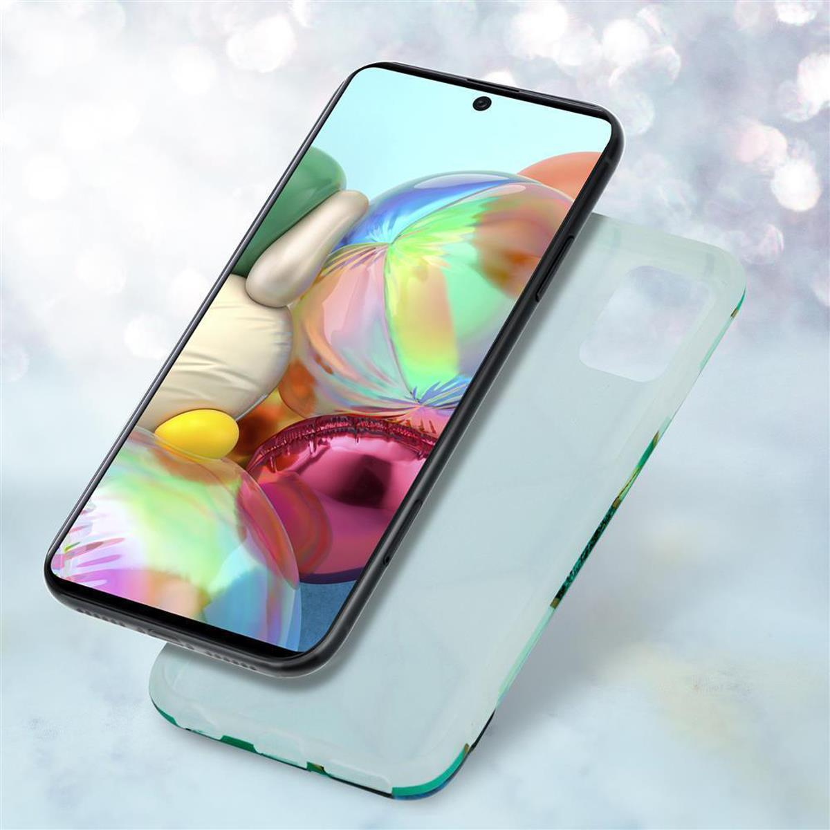 Telefono con custodia, mostra palloncini colorati sullo schermo. Una seconda custodia trasparente accanto.
