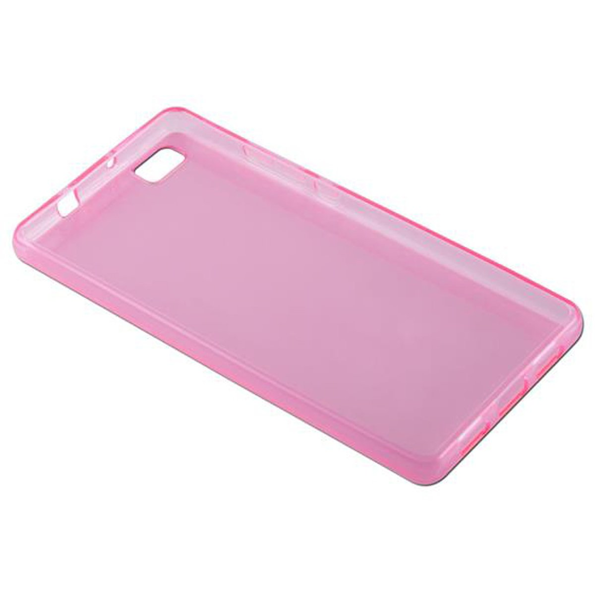 Custodia per telefono rosa. Ha ritagli per fotocamera e pulsanti.