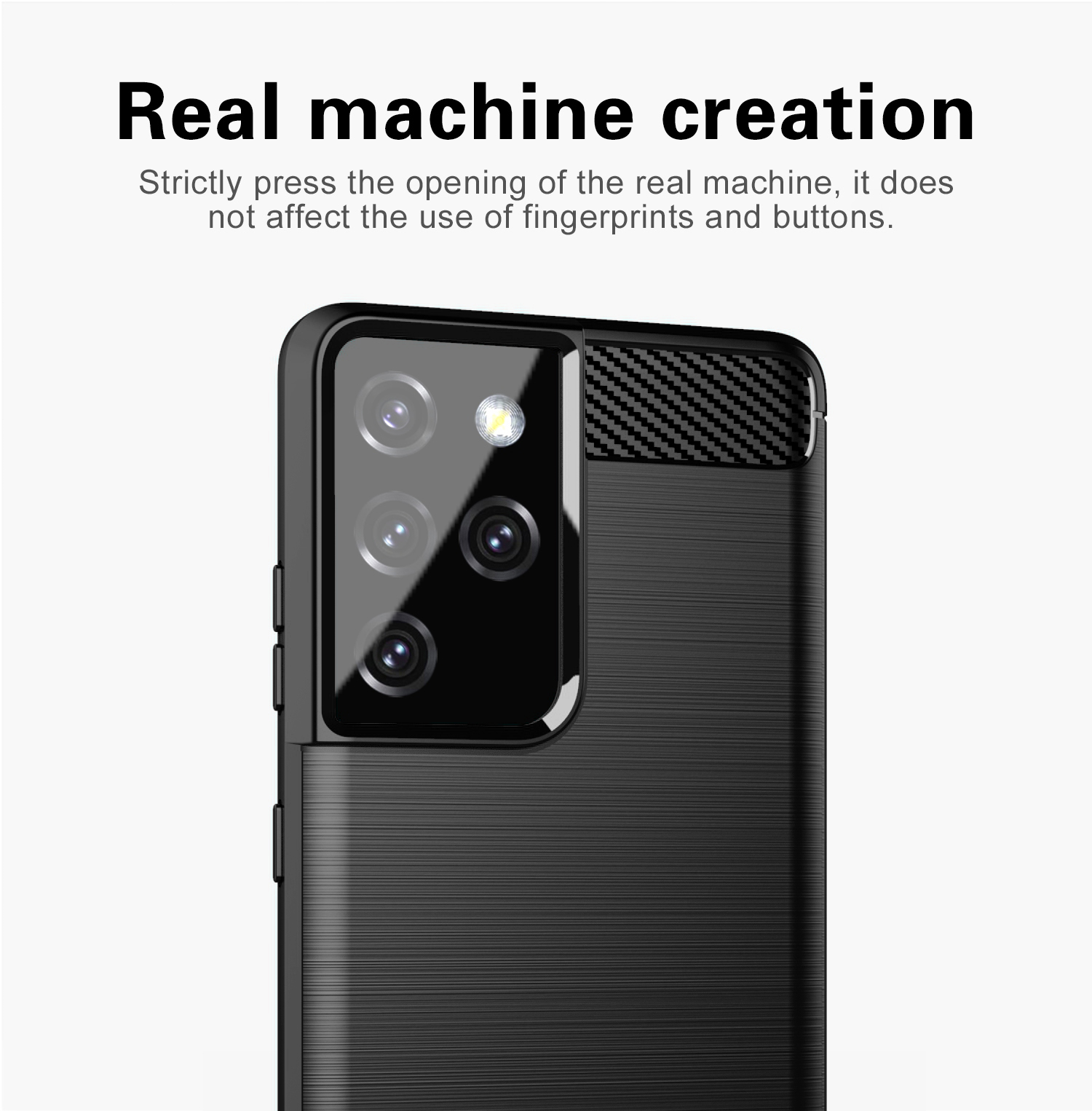 Telefono nero con custodia, che mostra la fotocamera e le sue funzioni. Testo: Creazione di macchina reale.