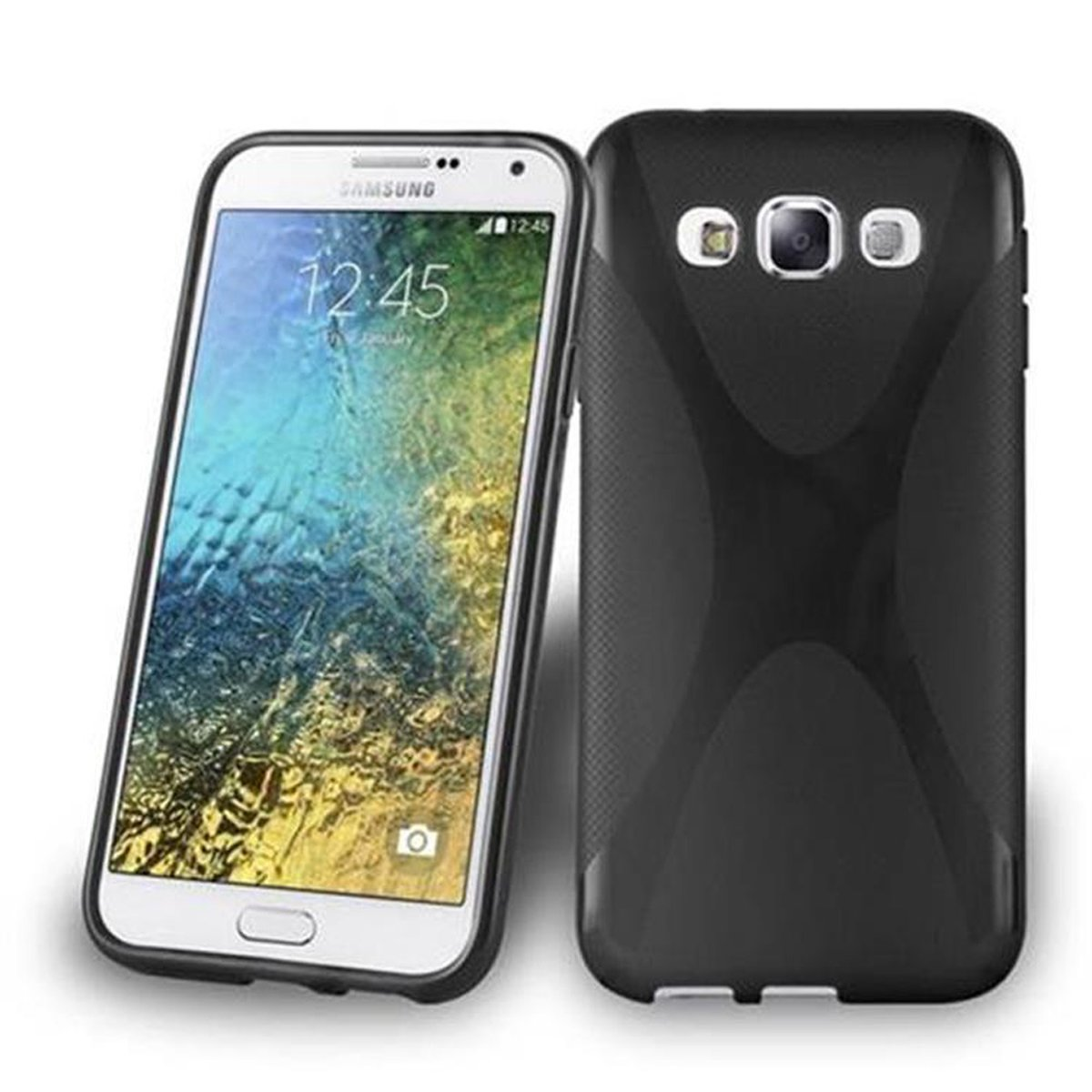 Funda negra para teléfono junto a un teléfono con borde blanco. El teléfono muestra la hora.