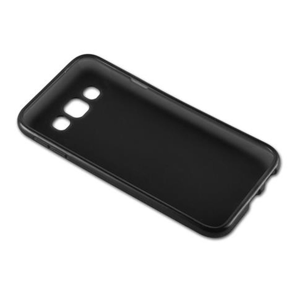 Funda de teléfono negra. Es una funda de teléfono lisa y negra. La funda tiene tres agujeros en la parte superior.