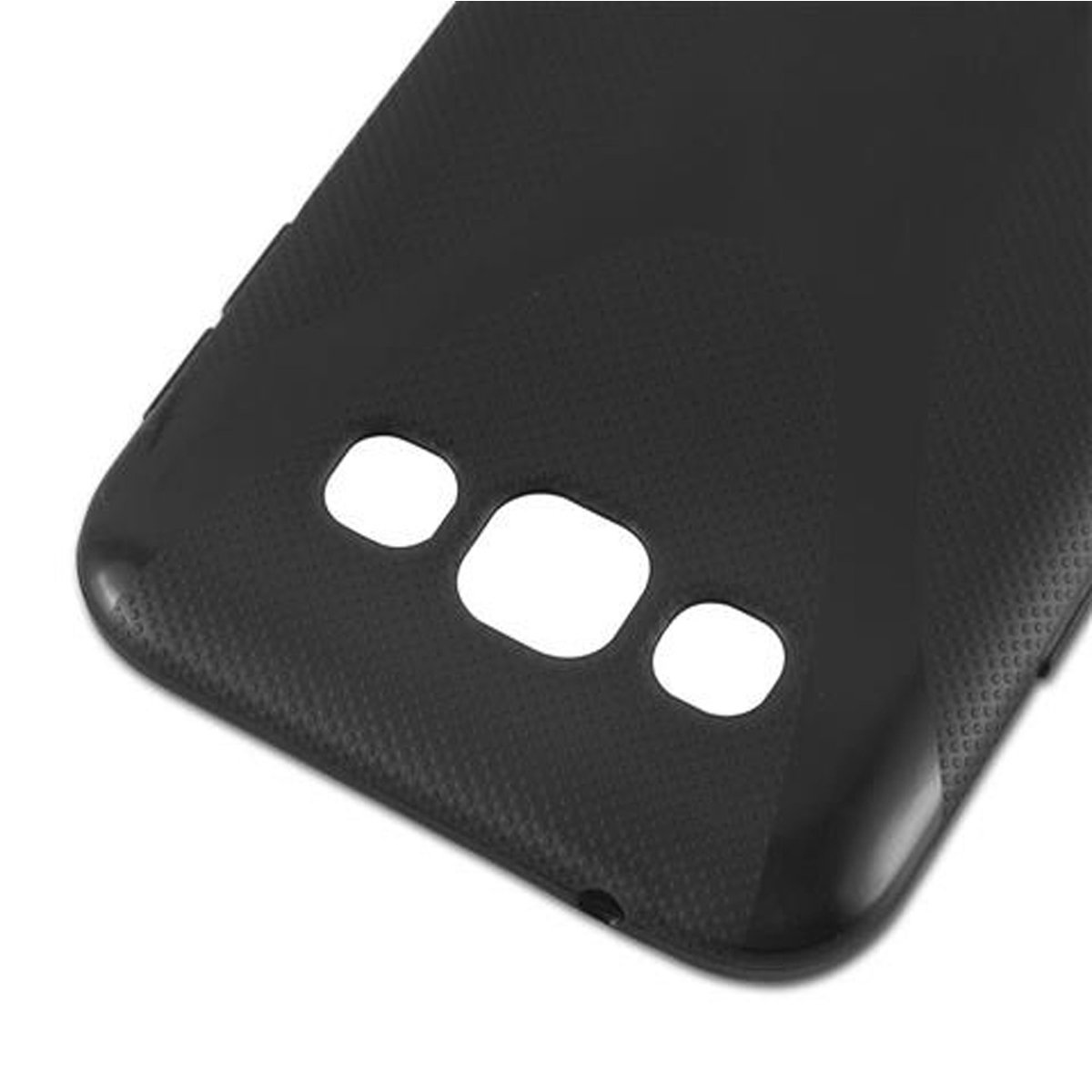 Funda de teléfono negra con tres agujeros. La funda tiene una superficie texturizada.