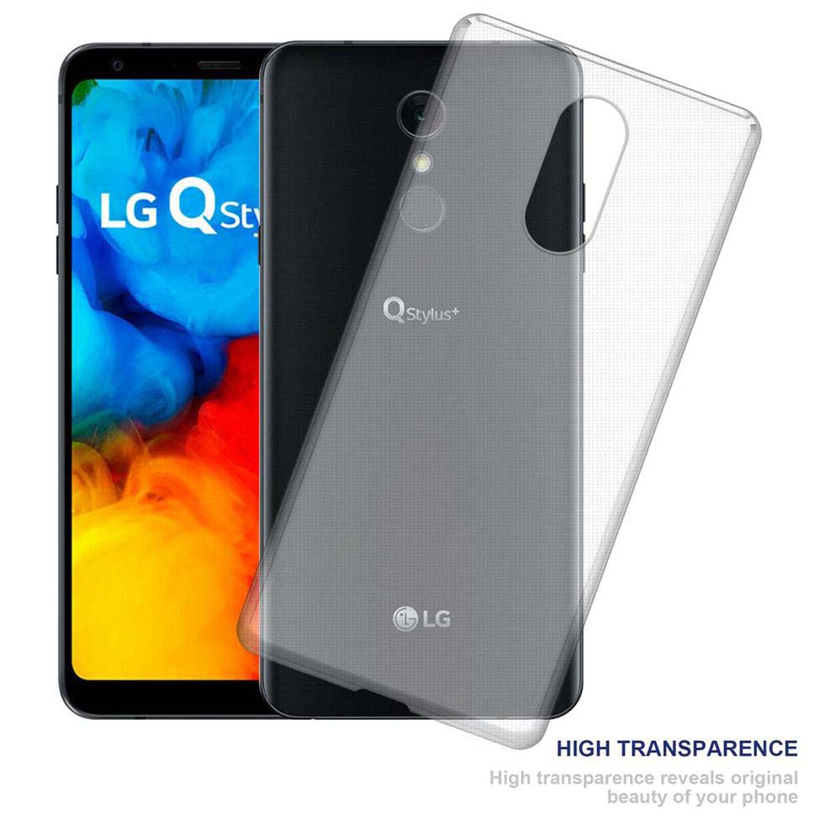 Un telefono LG con una custodia protettiva trasparente. Un secondo telefono con custodia trasparente è di lato.