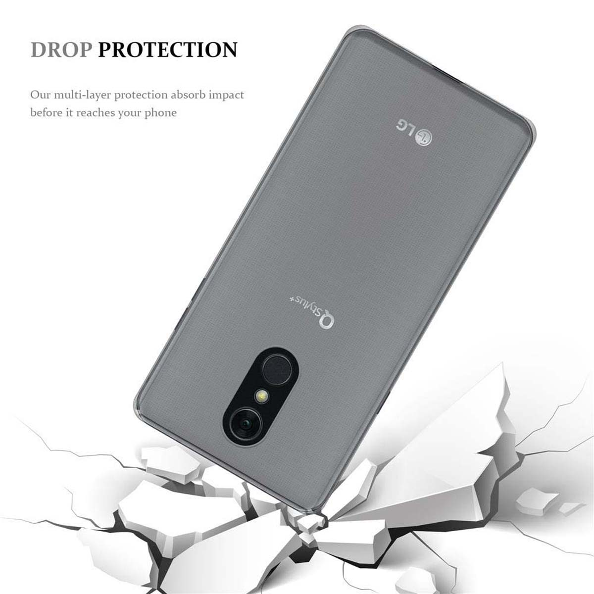 Un telefono in una custodia grigia sta cadendo. Testo: Protezione dalle cadute. La custodia ha il logo LG.