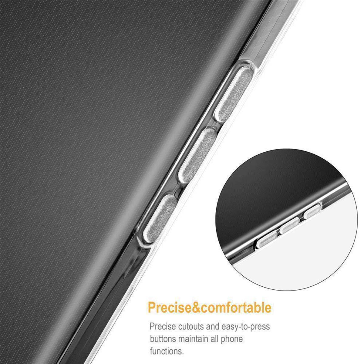 Primo piano di una custodia per telefono con ritagli per i pulsanti e il testo preciso e confortevole.