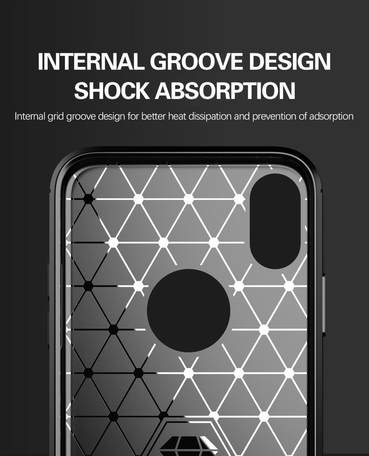 Custodia per telefono con motivo geometrico e design a griglia interna. Testo: Internal Groove Design, Shock Absorption.
