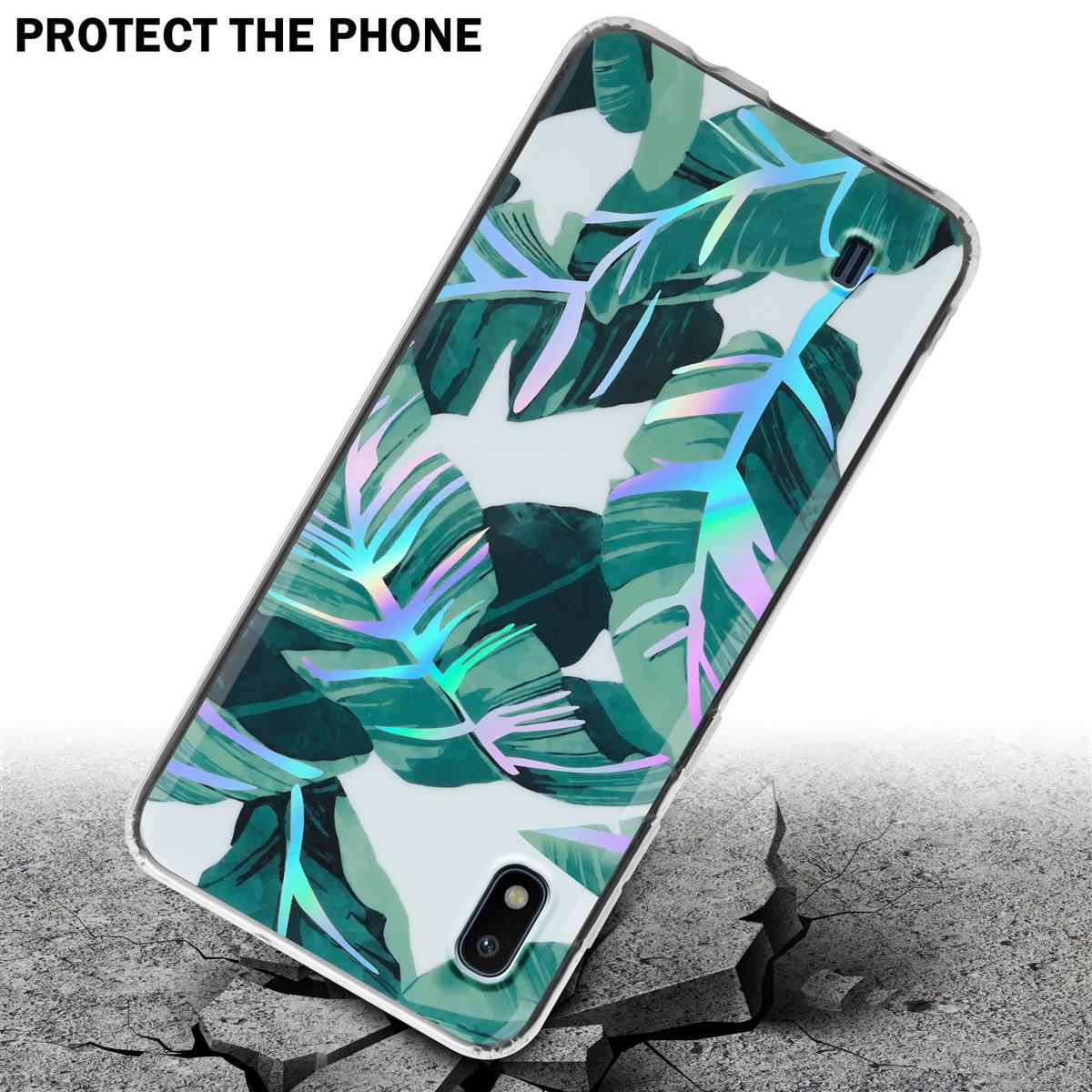 Una custodia per telefono con un disegno di foglie verdi su una superficie incrinata, che protegge il telefono.