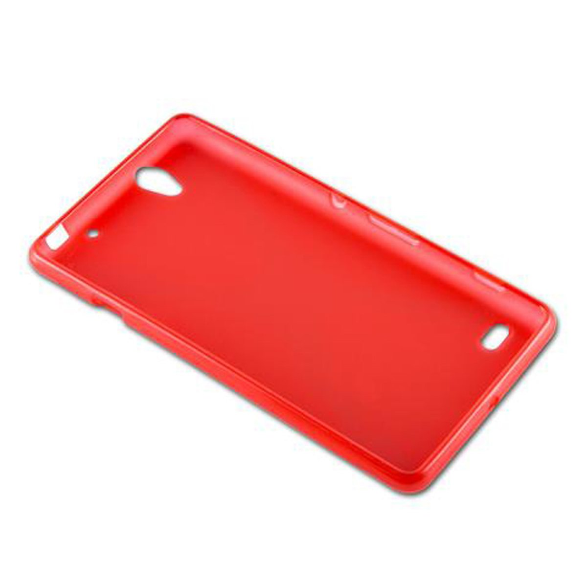 Funda de teléfono roja. Tiene recortes para la cámara y los botones.