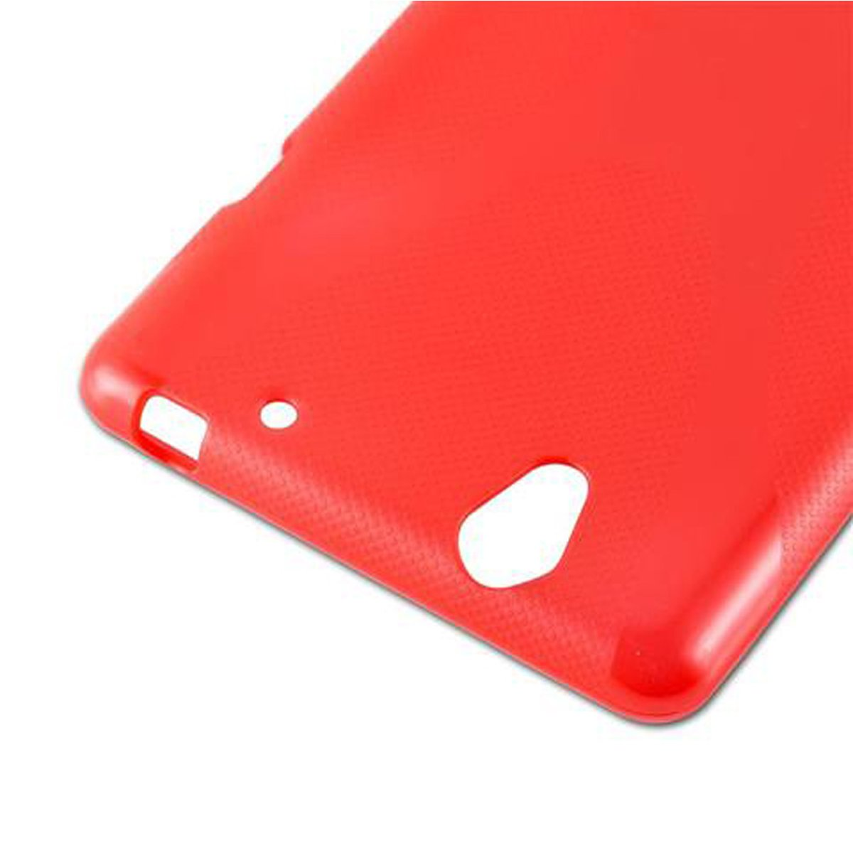 Funda de teléfono roja con tres agujeros. Está sobre una superficie blanca.