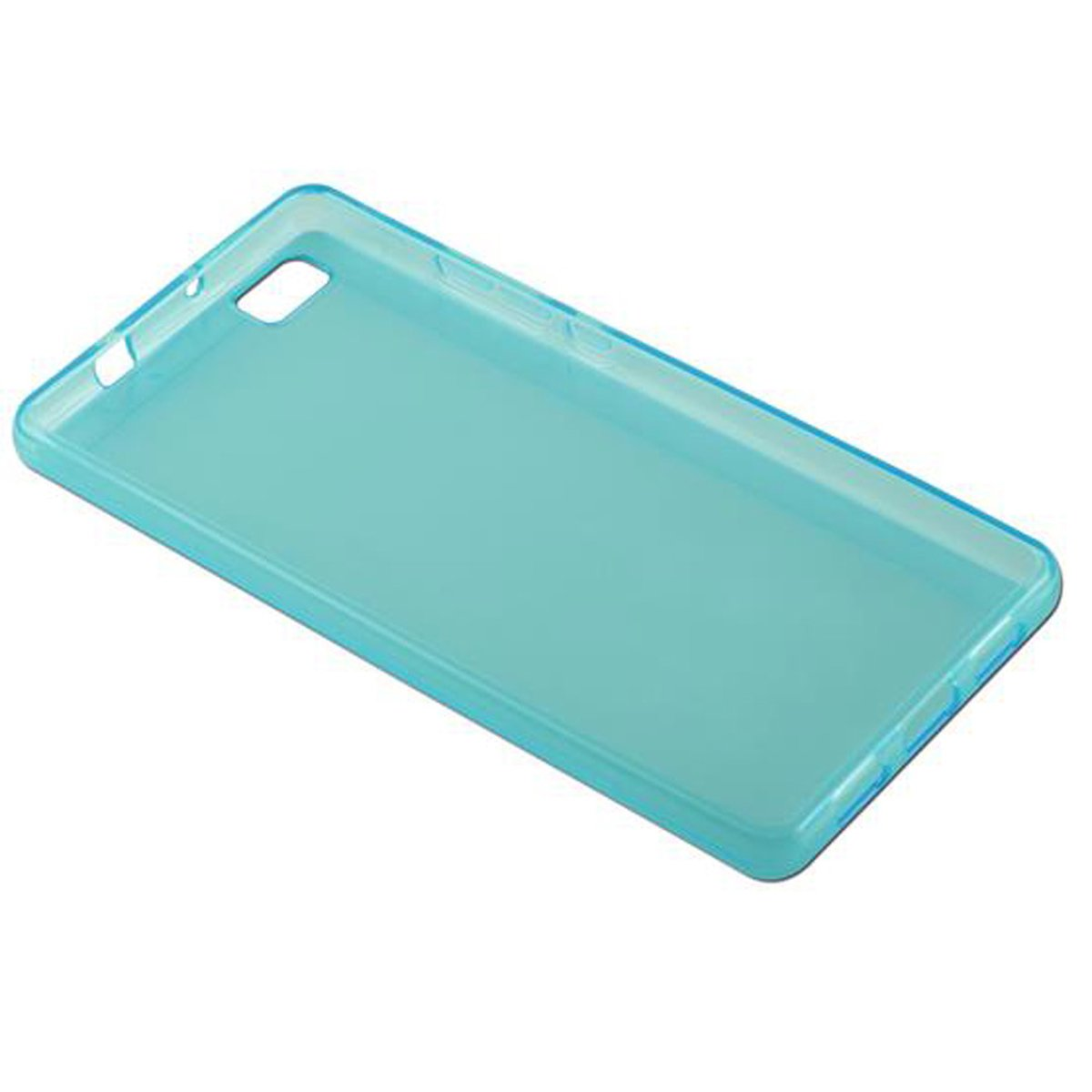 Custodia per telefono color verde acqua. Forma rettangolare, leggermente trasparente, con aperture.